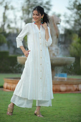 White Cotton Dobby Printed A-Line Kurta With Mask